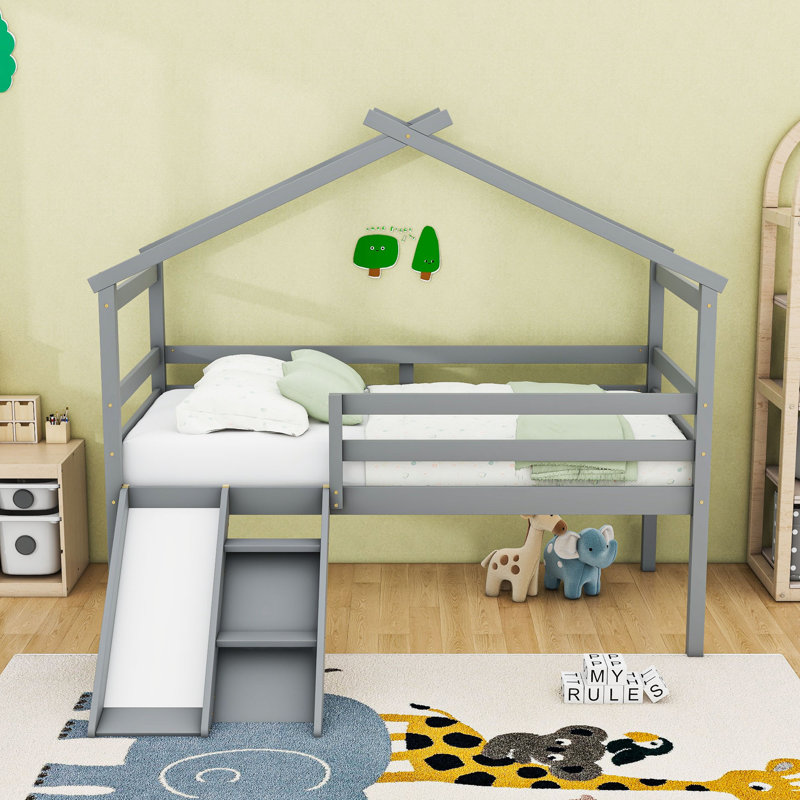 Twin Low Loft House Bed With Slide, Ladder  And Guardrails, Gray