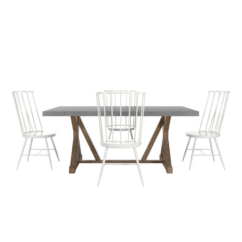Durga Rustic Pine Frame Concrete Veneer Top Dining Table And Windsor Chairs Set - Full Concrete Veneer Top Table And 4 Chairs