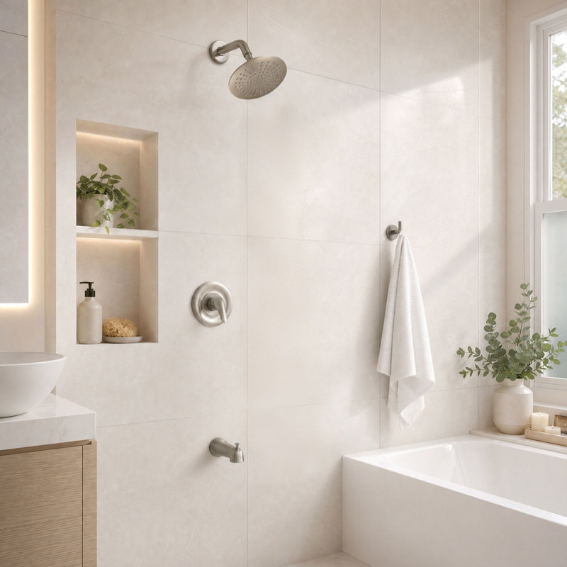 Ensemble de robinet de douche à pluie à pression équilibrée moderne avec robinet de baignoire, Brushed Nickel