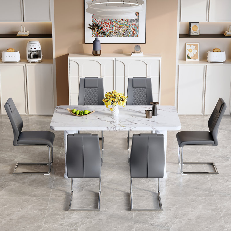 Ensemble de table de salle à manger élégant en marbre blanc avec 6 chaises en cuir PU gris foncé, design moderne, panneau de fibres à densité moyenne durable et verre