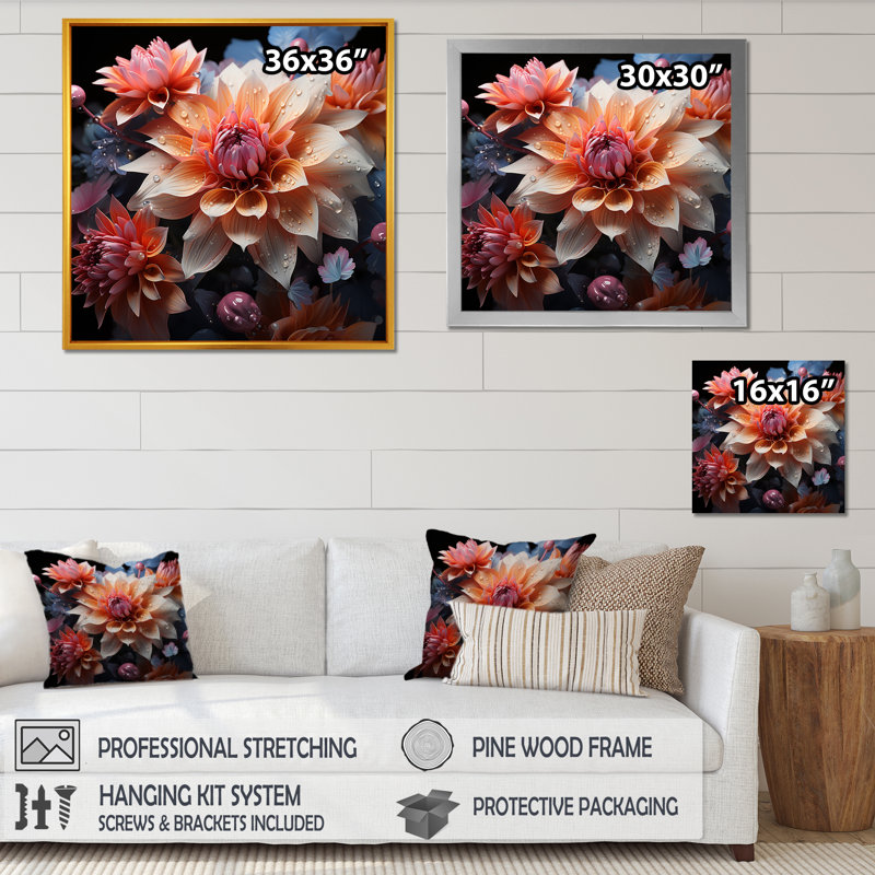 Impression sur toile mauve et orange Zinnias efflorescence, Cadre flottant noir, H 30 po x l 30 po