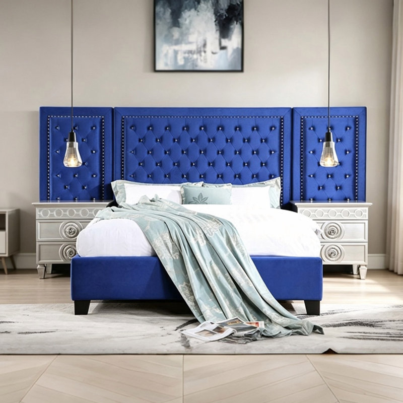 Lit Queen moderne recouvert de velours bleu