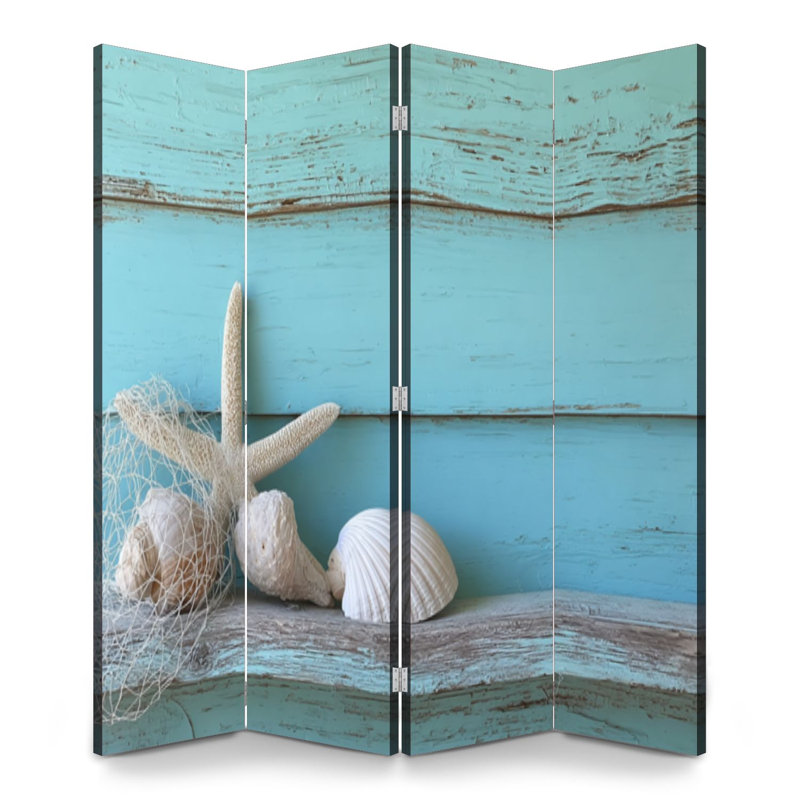 4 panneaux de paravent pliant Royal Starfish Shell sarcelle plage nature coquillages filet de pêche toile écran séparateur de pièce autoportant diviseur de mur cloison d'intimité