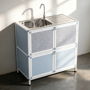 Stainless Steel Freestanding Sink With Cabinet, Practical Washbasin For Home Laundry Room Storage, Outdoor Patio Floor-Standing Vegetable Washing Sink.