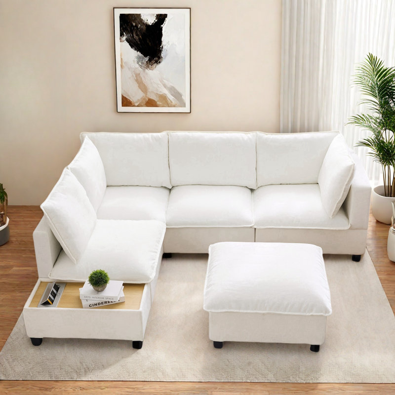 U-shaped Sectional Sofa Couch With A Movable Ottoman And A Coffee Table With Hidden Charging Devices, White