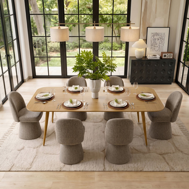 Ensemble de table de salle à manger pour 6 personnes avec table extensible et 6 chaises rembourrées en tissu Tweed, Brun