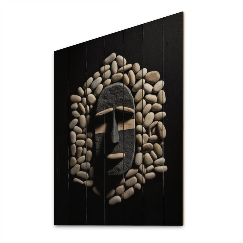 Impression de masque tribal africain noir et blanc II sur bois naturel, H 20 po x l 10 po x P 0,78 po
