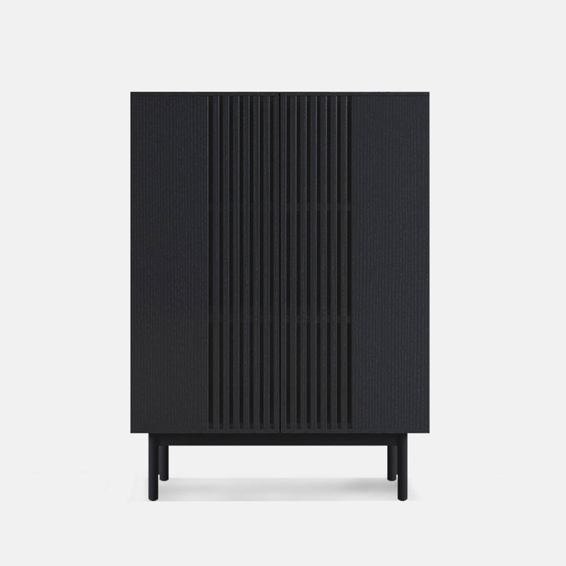 Armoire d'appoint 35,43 po, 6 compartiments, design creux, placage en bois massif, pieds en métal, Noir