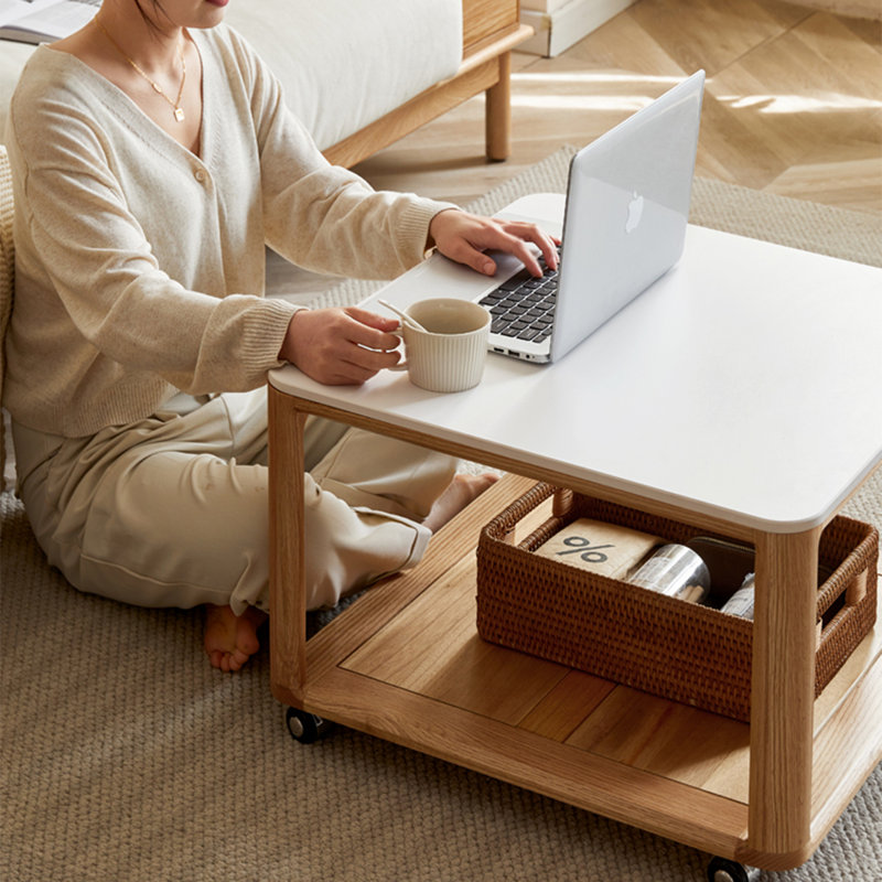 Modern Minimalist Oak Square Sintered Stone Mobile Side Table
