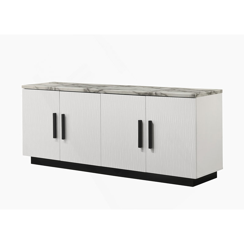 Grande console blanche de 63 pouces de large avec plateau en faux marbre Reine pour un intérieur moderne et élégant