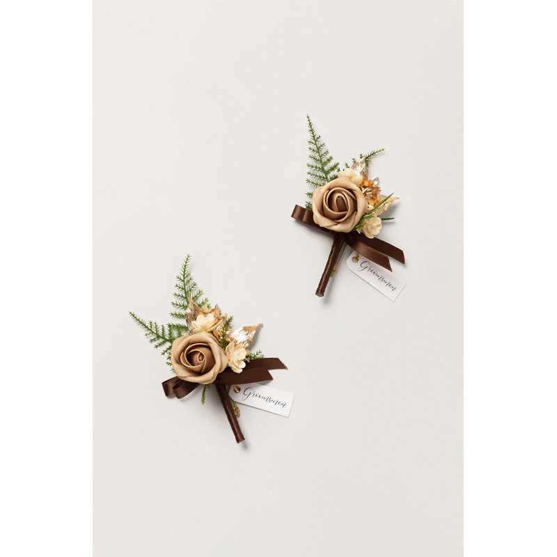 Boutonnières Ling's Moment en brun noyer et beige sable (ensemble de 2), Gant brun et doré