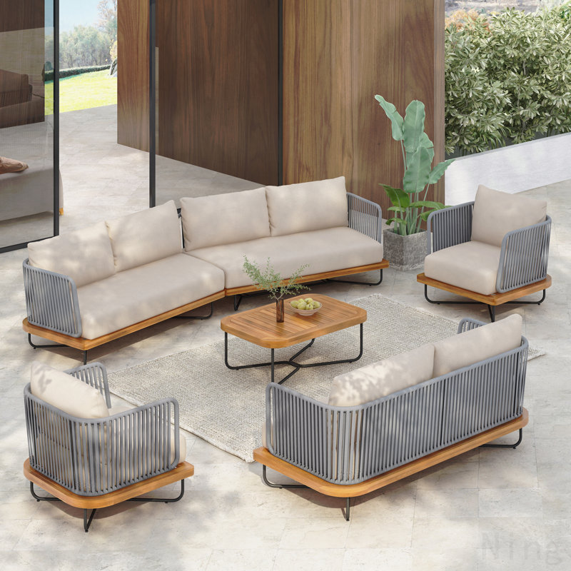 Ensemble de conversation d'extérieur en bois d'acacia tissé 8 places, beige