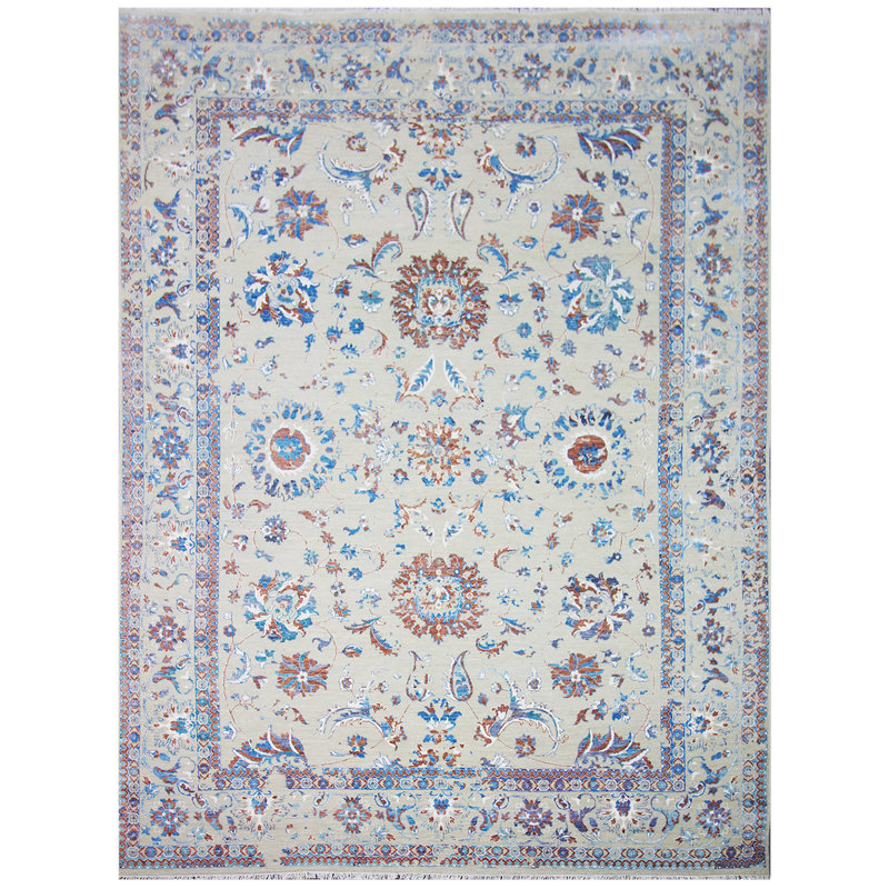 Tapis argent / bleu / rouge noué à la main de haute qualité, Rectangle 8 pi x 10 pi