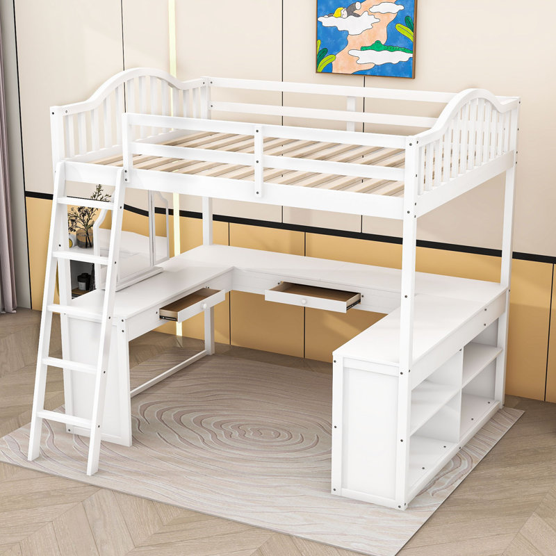 Lit mezzanine double en bois avec bureau intégré, tablettes de rangement et miroir à trois volets, Blanc