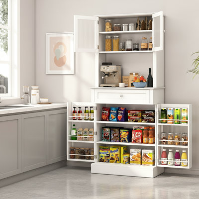 70" Kitchen Pantry Cabinet With Microwave Shelf & Glass Doors, White by Latitude Run