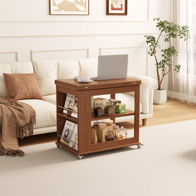 Solid Wood Expandable Coffee Table with Wheels, Multi-Functional Lift Top End Table with Storage Shelves