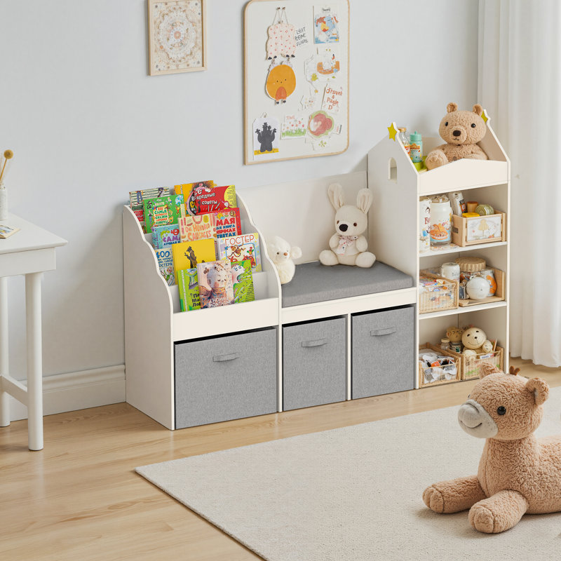 60" Kids Bookshelf with Reading Nook, Wooden Bookcase with Soft Seat Cushion, Movable Fabric Drawers & Storage Cubbies, Toy Organizer for Kids Room, Nursery, Bedroom, Playroom, Classroom, White