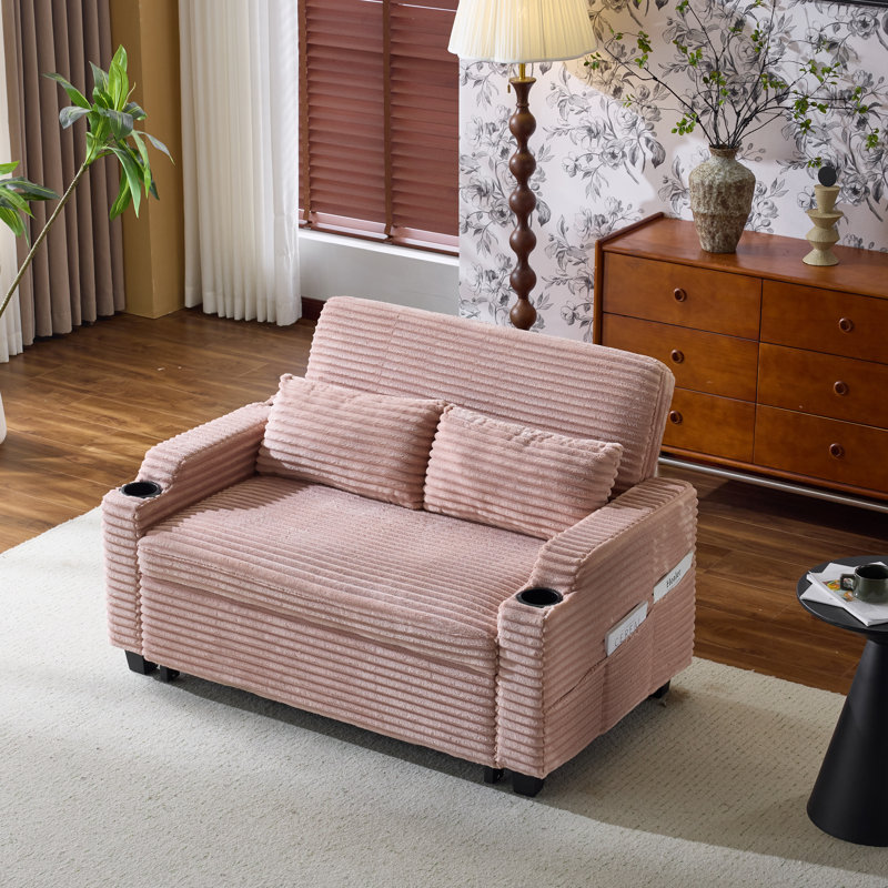  Upholstered Corduroy Convertible Reclining Sleeper Couch Pull Out Sofa Sofa Bed Loveseat Recliner For Small Space, Pink