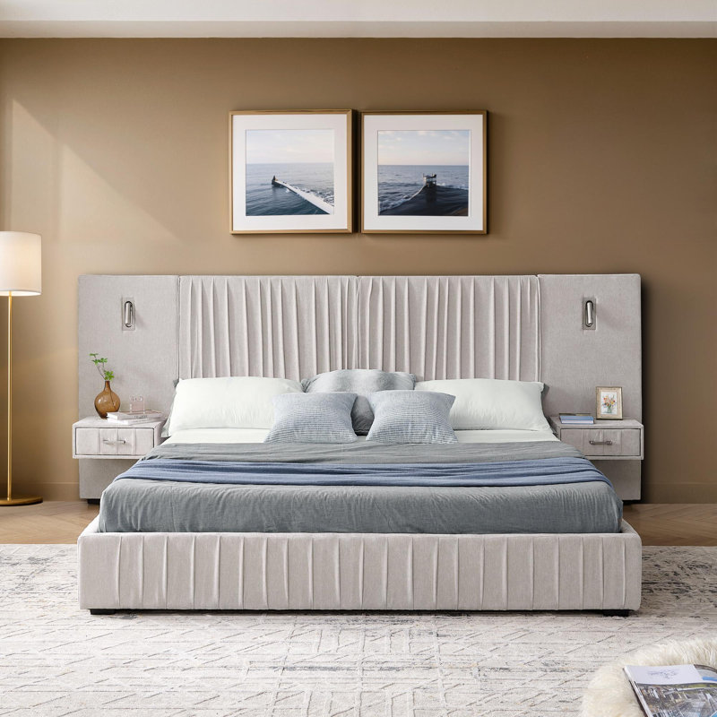 Grand cadre de lit tapissier avec tête de lit, Beige, Grand lit