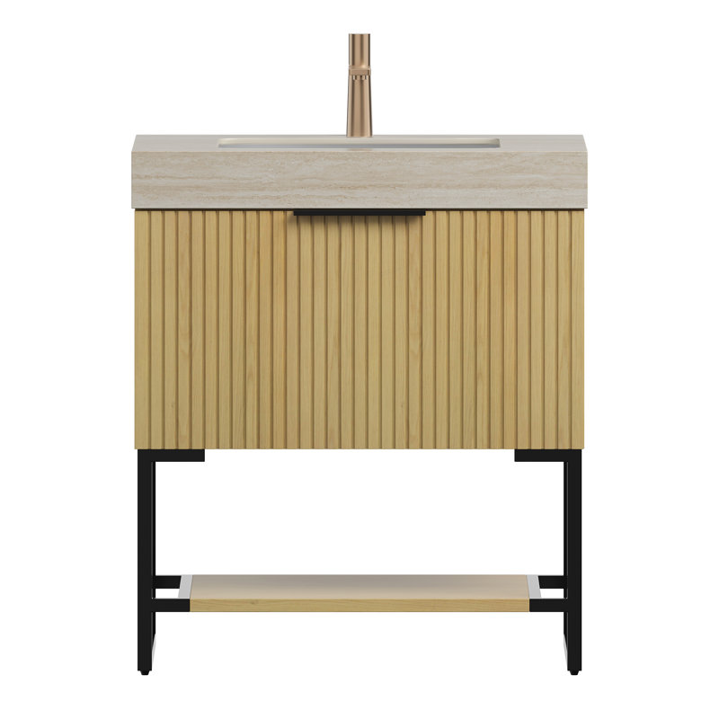 Meuble-lavabo autoportant de 30 po avec comptoir en pierre frittée et vasque en céramique encastrée Yolan, Chêne doré