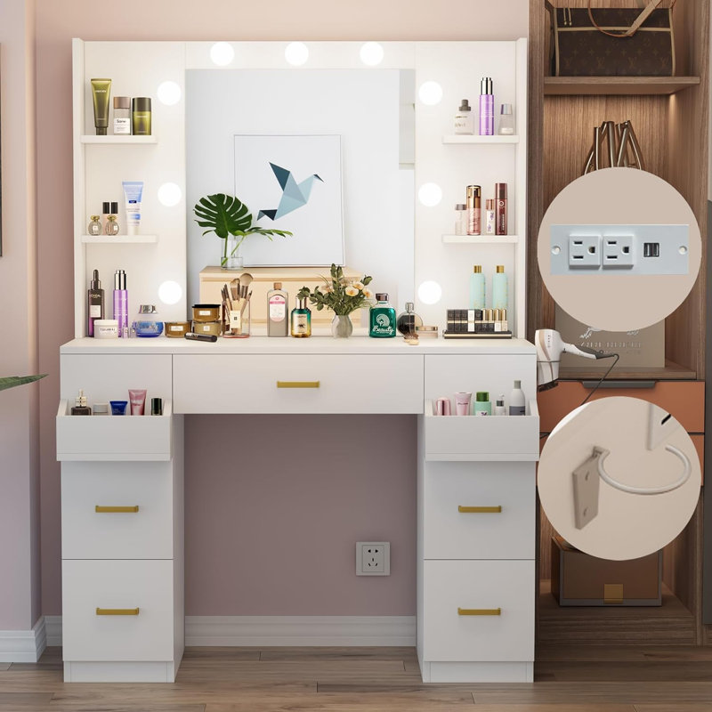 Leifsson Makeup Vanity Desk with Lighted Mirror & Power Outlet
