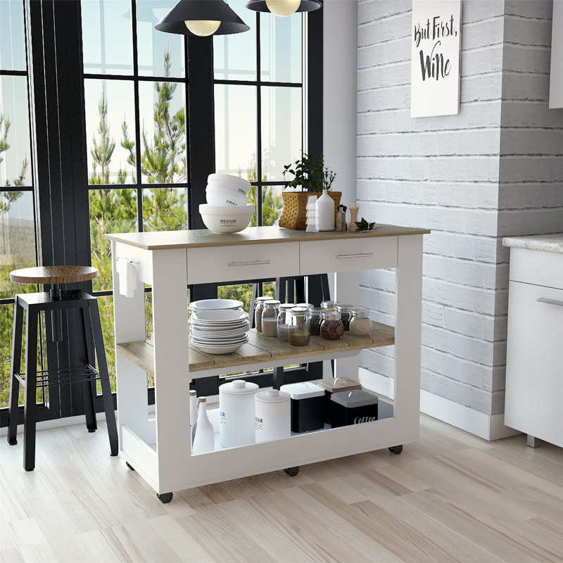 Versatile Kitchen Island with Abundant Storage and Mobility Options, White/Light Oak