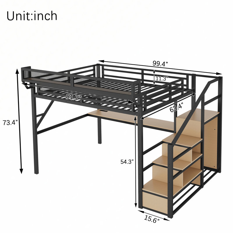 Lit mezzanine avec bureau et station de charge, Noir, Grand lit