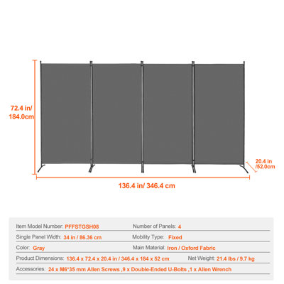 Room Divider, 4 Panels Room Divider, Folding Privacy Screen and Portable Partition Divider for Room Separation, Freestanding Room Partitions for Office, Bedroom, Study, Grey