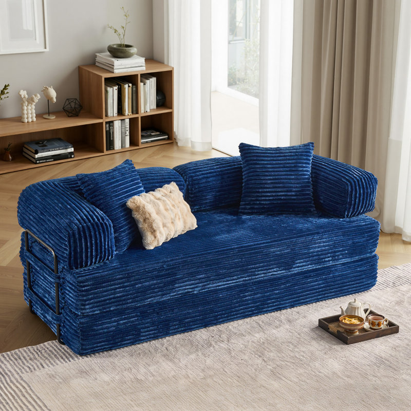 Boneless 80.5'' Mordern Convertible Sleeper Sofa Corduroy Loveseat Sofa Bed, Foldable Floor Couch, Blue