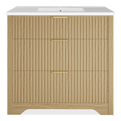 Modern Fluted Bathroom Vanity with Basin – Freestanding Cabinet, 2 Soft-Close Drawers, 1 Rotating-Down Drawer, Easy Assembly & Cleaning, Single Basin, 36 Inch