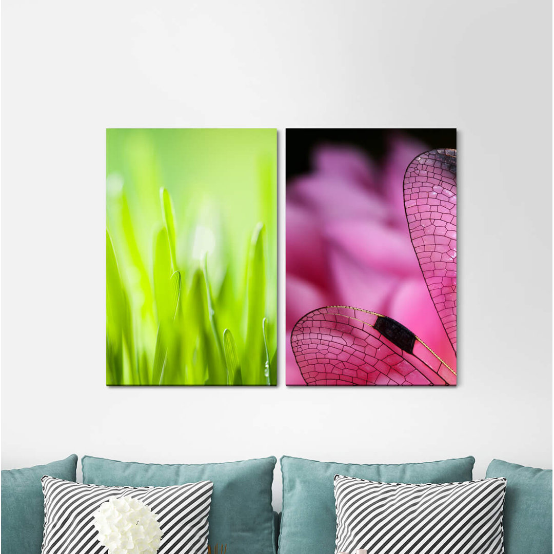 2-tlg. Leinwandbilder-Set - Fotografie „Grass Green Pink Dragonfly Grass Blades Nature”