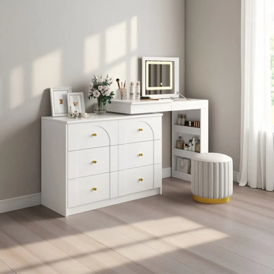 Convertible L-Shape Vanity Desk With Mirror, LED Lights, Flip-Top, 7 Drawers, And 9 Compartments. by Everly Quinn