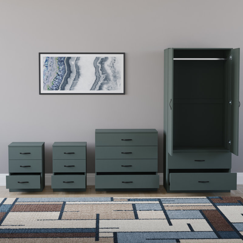Tayce 4 Piece Bedroom Set (3 Drawer Bedside Chest X2, 4 Drawer Chest, 2 Door 2 Drawer Wardrobe), Green