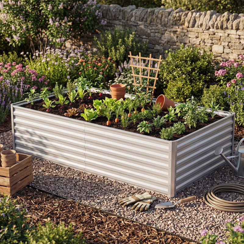 Lit de jardin surélevé pour l'extérieur en métal avec gants Seiter 6X3x1.5ft, vert, Vert, H 18 po x l 72 po x P 36 po