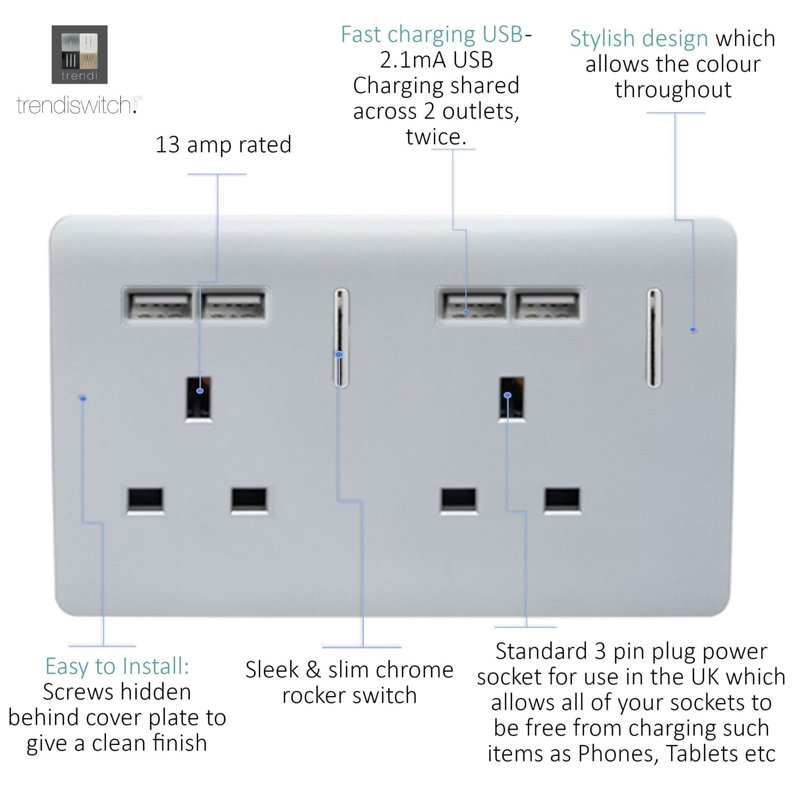 Trendi Switch 2 Gang 4 Port USB 2100mA Plug Socket, Silver
