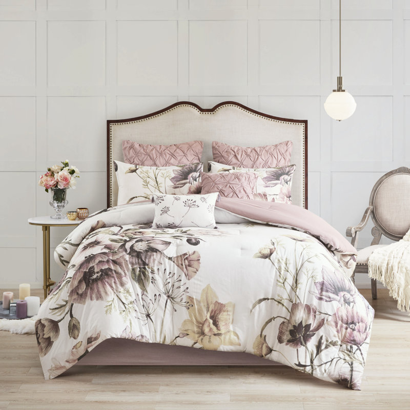 Édredon Blush King - 8 pièces en coton avec imprimé floral à grande échelle et coussins lavables Shabby Chic Euro Shams Soft