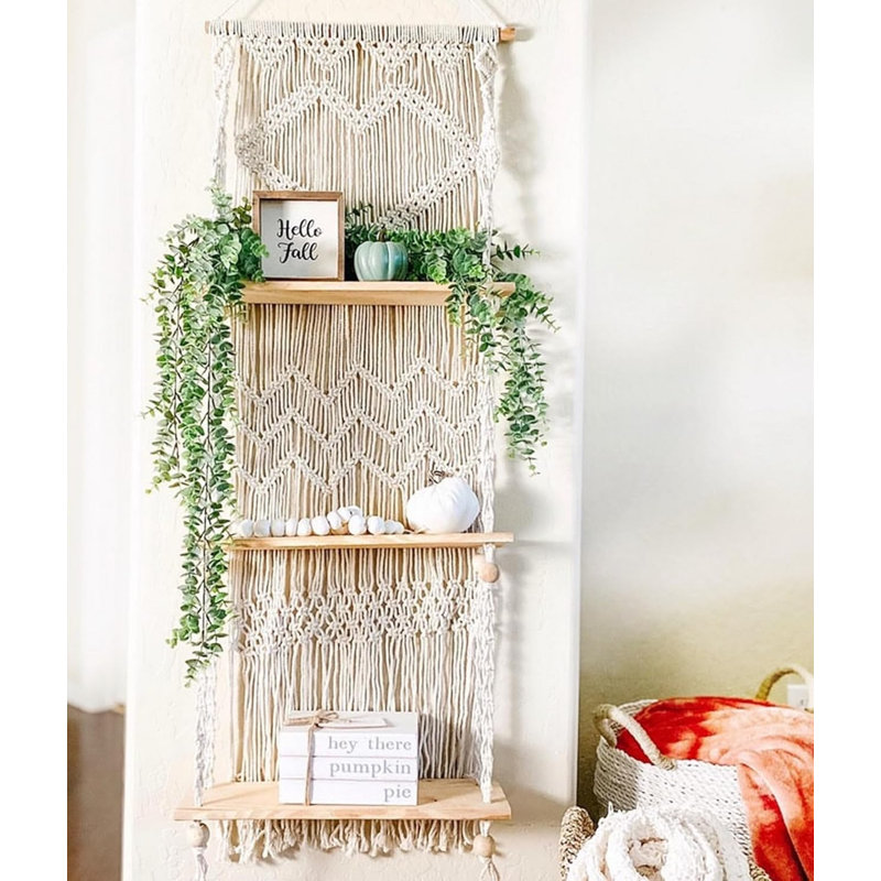 Macrame Wall Hanging Shelf - 3 Tier Wall Plant Hanger Shelves With Handmade Woven Rope - Boho Shelves Organizer For Kitchen, Bathroom, Home Storage, Floating Plant Shelf (Pine Wood)