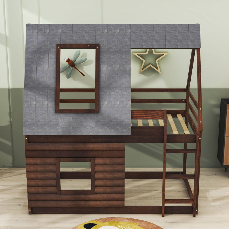 Lit superposé simple en bois avec toit, échelle et deux fenêtres Ramford