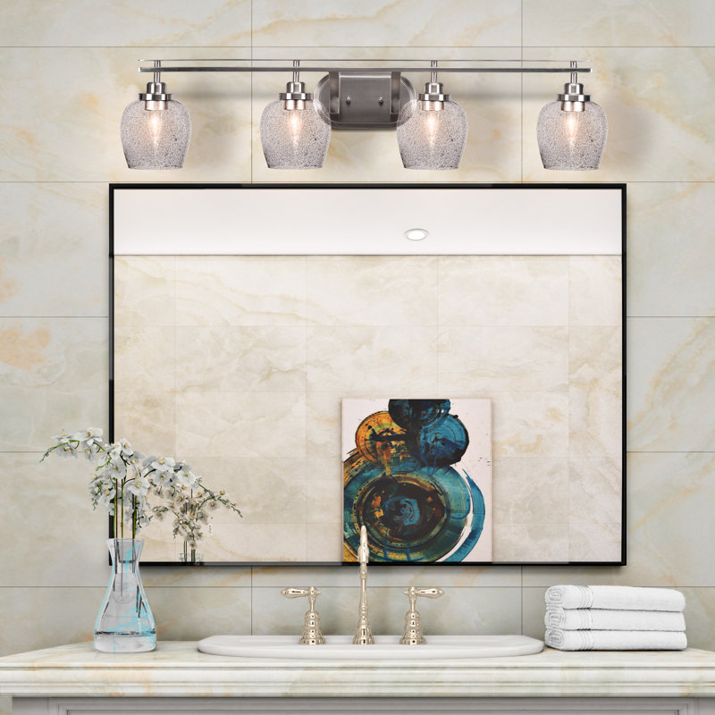 Loren 4 Light Bath Bar Shown With 7" Cypress Art Glass, Brushed Nickel, Green