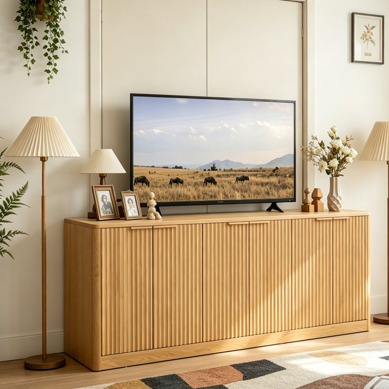 Armoire de rangement ondulée à 4 portes, Naturel, H 27,7 po x l 67 po x P 15,7 po