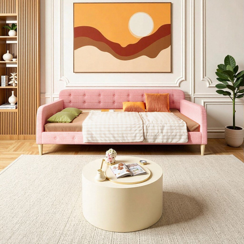 Queen Size Pink Linen Upholstered Daybed with Support Legs - Convertible Sofa & Sleeper, No Box Spring Needed, Pink