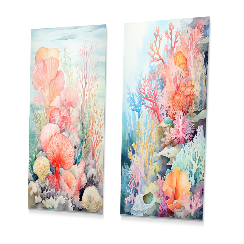 Aquarelle corail pastel - Ensemble de 2 décorations murales corail sous l'eau, H 28 po x l 24 po
