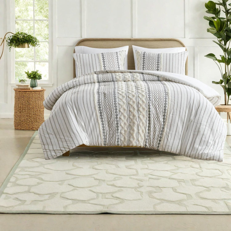 Premium Cotton Bedding Sets, Ivory Chenille Comforter With Aztec Print, Full/queen Size
