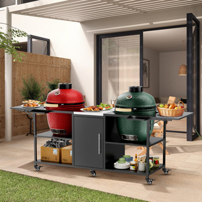 1 X Deux grands chariots à œufs verts pour l'extérieur Chariot de barbecue en métal avec boîte de rangement Conception de rangement en métal Chariot de jardin sur roues multifonctionnel, résistant aux intempéries et peu encombrant