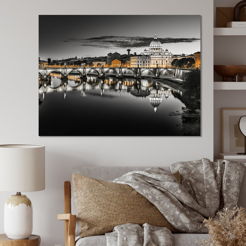 Paysage urbain de Rome noir et blanc sur toile, H 24 po x l 32 po x P 1 po, Toile tendue