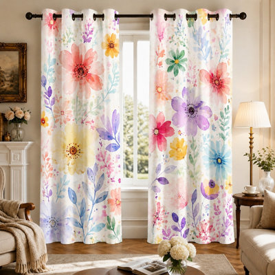 2Pcs Watercolor Floral Curtains, Artistic Botanical Print, Vivid Flower Pattern Grommet Top, Lightweight Decorative for Living Room Bedroom for Home Dector
