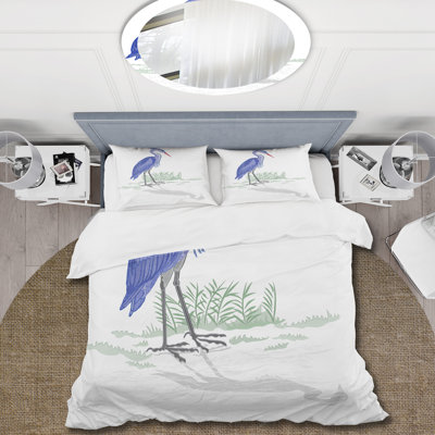 Heron Bird Looking At Reflection - Farmhouse Duvet Cover Set - Microfiber Polyester