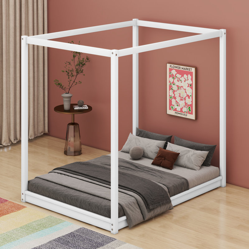 Armento Canopy Platform Bed with Support Legs, White, Full/Double