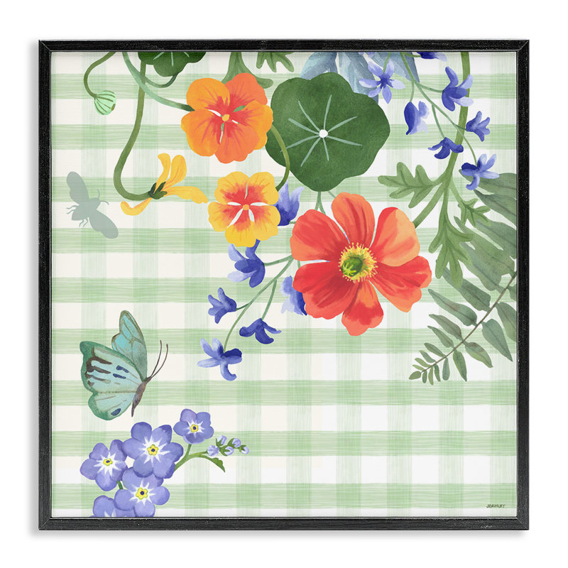 Vichy vert et coquelicots, art giclée par Levison Design, H 12 po x l 12 po, Giclée encadrée noir minuit