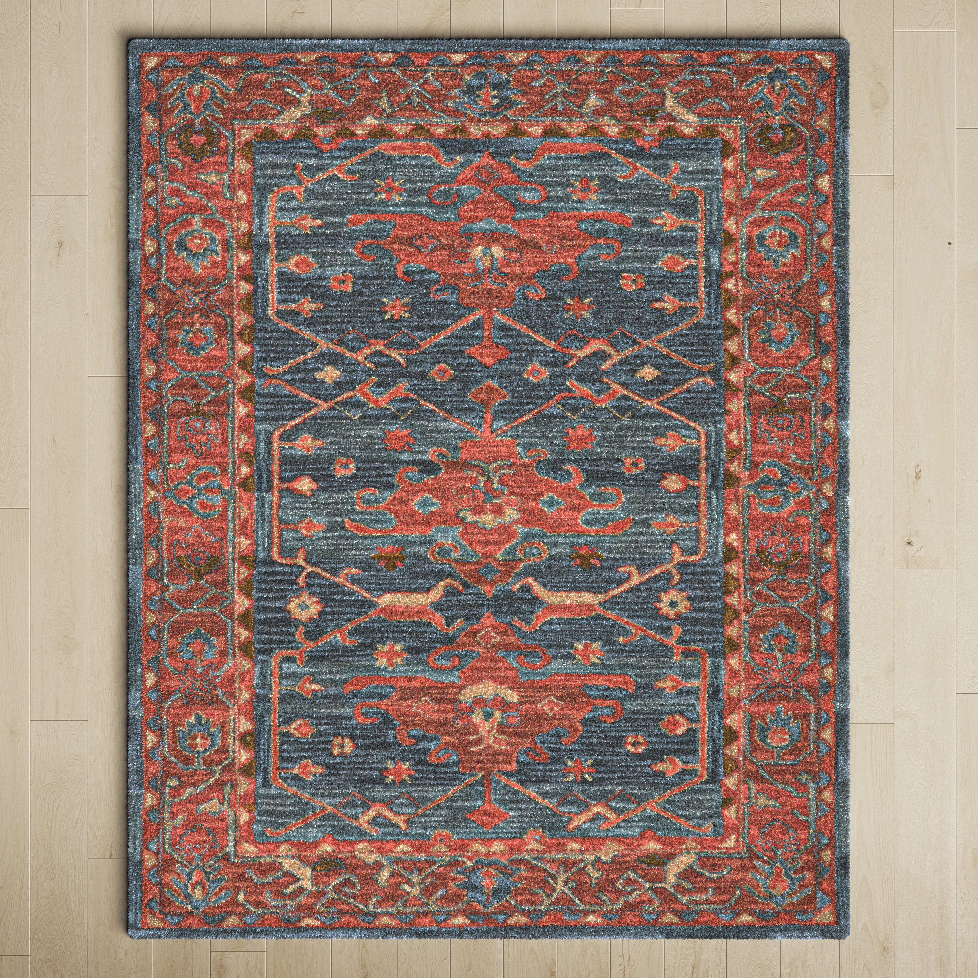 Handmade Wool Rust/Blue Rug, Rectangle 10' x 14'